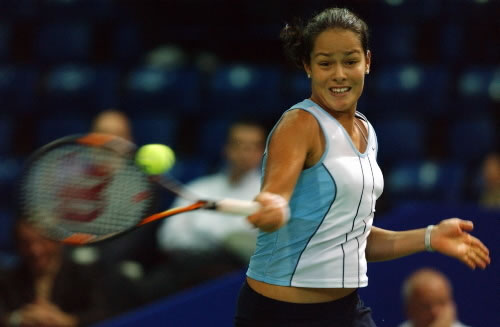 Ana Ivanovic of Serbia and Montenegro plays a backhand at the Zurich Challenge WTA tournament 