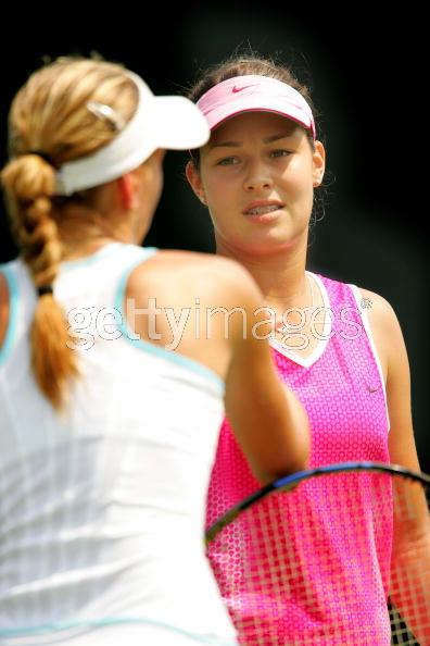 Ana Ivanovic of Serbia is congratulated by Nicole Vaidisova of the Czech Republic after their match at the NASDAQ-100 Open at the Crandon Park Tennis Center on March 27, 2005 in Key Biscayne, Florida. Ivanovic won the match in straight sets. 
