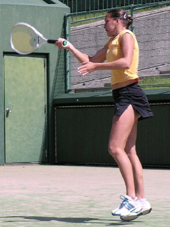 Ekaterina Bychkova from Russia during her match against Ana Ivanovic at the  Fukuoka International ITF tennis tournament today. Ivanovic won 4-6 7-6(6) 7-6(5)