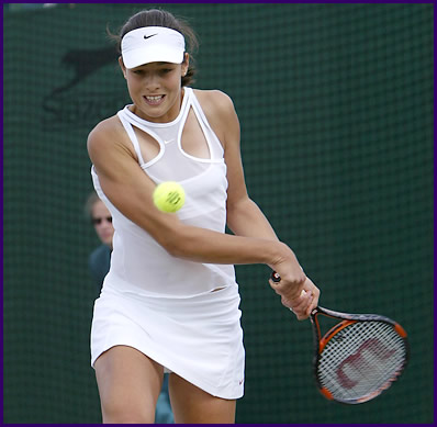 Ana Ivanovic keeps her eye on the ball as she hits a backhand in her quarter-final victory