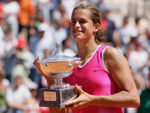 Amelie Mauresmo of France poses with the trophy after winning the Ladie Final match against Patty Schnyder of Switzerland during the seventh day of The Telecom Italia Masters Tennis at The Fro Italico on May 15 2005 in Rome, Italy