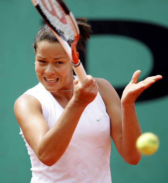 Ana Ivanovic of Serbia & Montenegro in action during her Quarter Final match against Nadia Petrova of Russia during the ninth day of the French Open at Roland Garros on May 31, 2005 in Paris