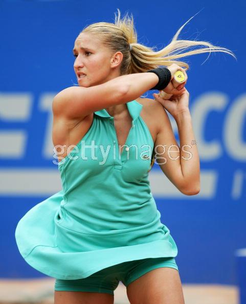 Tatiana Golovin of France plays a forehand against Ana Ivanovic of Serbia Montenegro on the second day of The Telecom Italia Masters Tennis at The Foro Italico May 10, 2005 in Rome