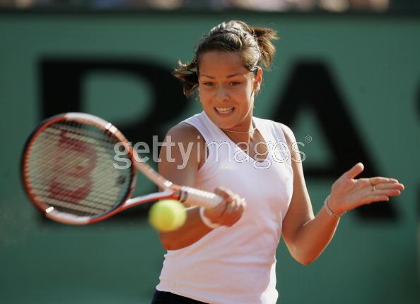 Ana Ivanovic of Sebia & Montenegro in action during her third round match against Amelie Mouresmo of France during the sixth day of the French Open at Roland Garros on May 28, 2005 in Paris, France