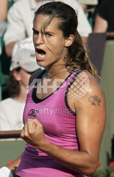 Amelie Mauresmo of France reacts after winning a point to Ana Ivanovic of Serbia during their third round match of the tennis French Open at Roland Garros, 28 May 2005 in Paris