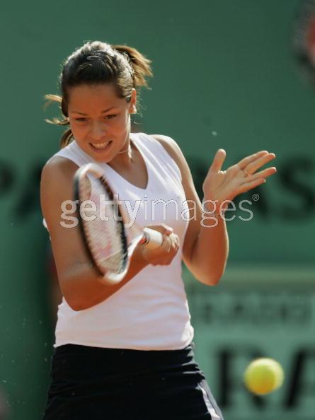 Ana Ivanovic of Sebia & Montenegro in action during her third round match against Amelie Mouresmo of France during the sixth day of the French Open at Roland Garros on May 28, 2005 in Paris, France