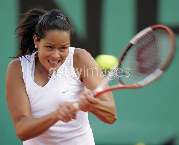 Ana Ivanovic of Sebia & Montenegro in action during her third round match against Amelie Mouresmo of France during the sixth day of the French Open at Roland Garros on May 28, 2005 in Paris, France