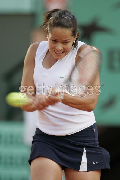 Ana Ivanovic of Sebia & Montenegro in action during her third round match against Amelie Mouresmo of France during the sixth day of the French Open at Roland Garros on May 28, 2005 in Paris, France