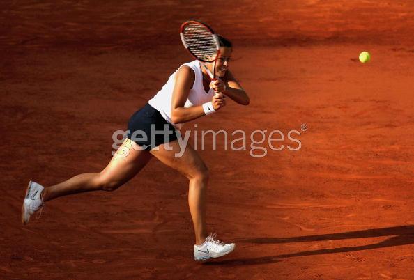 Ana Ivanovic of Sebia & Montenegro in action during her third round match against Amelie Mouresmo of France during the sixth day of the French Open at Roland Garros on May 28, 2005 in Paris, France