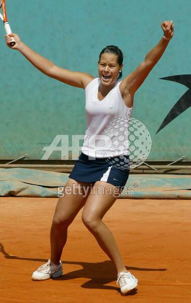 Ana Ivanovic reacts as she defeats Italy's Francesca Schiavone during their fourth round match of the French Open tennis tournament at the Roland Garros stadium, Monday May 30, 2005 in Paris.