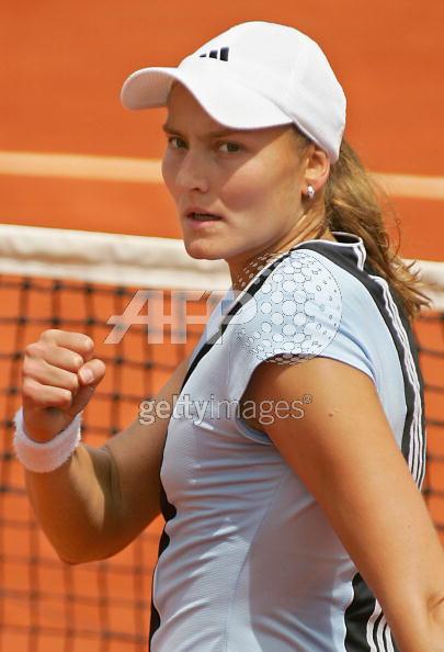 Nadia Petrova of Russia celebrates defeating Ana Ivanovic of Serbia & Montenegro during her Quarter Final match on the ninth day of the French Open at Roland Garros on May 31, 2005 in Paris, France