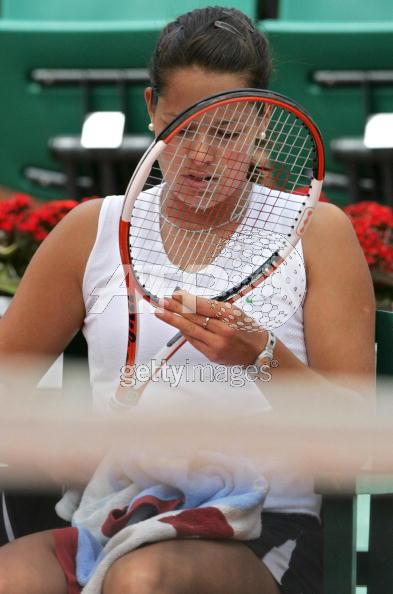 Ana Ivanovic rest during her Quarter Final match against Nadia Petrova of Russia during the ninth day of the French Open at Roland Garros on May 31, 2005 in Paris