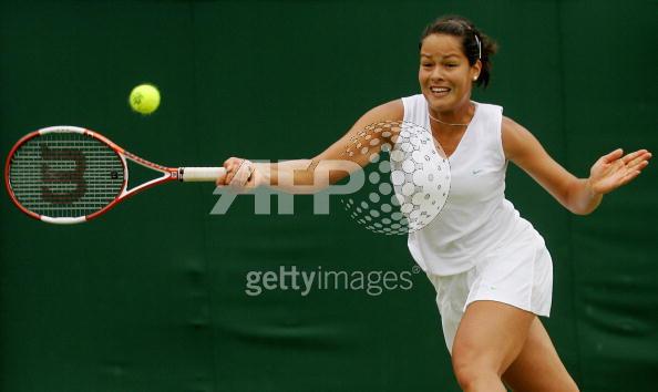 Ana Ivanovic of Serbia & Montenegro in action against Mary Pierce of France during the sixth day of the Wimbledon Lawn Tennis Championship on June 25, 2005 at the All England Lawn Tennis and Croquet Club in London