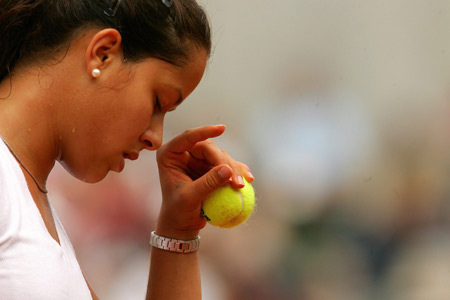 Ana Ivanovic of Serbia & Montenegro in action during her Quarter Final match against Nadia Petrova of Russia during the ninth day of the French Open at Roland Garros on May 31, 2005 in Paris