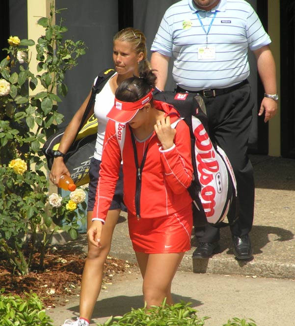 Ana Ivanovic and Melinda Czink come out the court for final match at the Canberra Classic