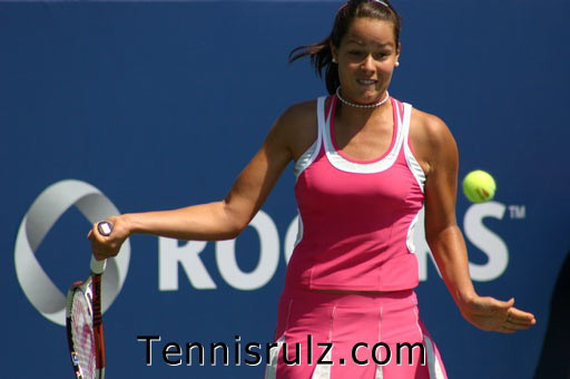 Ana Ivanovic of Serbia plays a forhand against Tathiana Garbin of Italy in the first round at the Sony Ericsson WTA Tour Rogers Cup tennis tournament August 16, 2005 at the Rexall Centre in Toronto, Canada