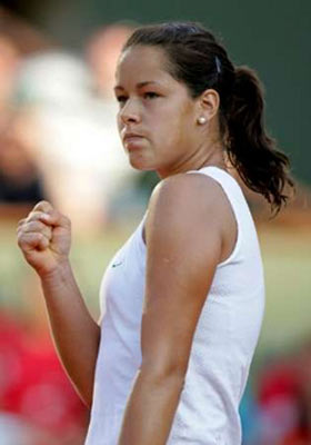 Ana Ivanovic of Sebia & Montenegro in action during her third round match against Amelie Mouresmo of France during the sixth day of the French Open at Roland Garros on May 28, 2005 in Paris