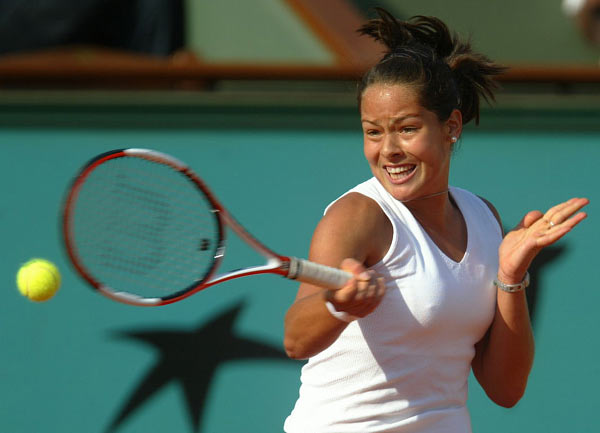 Ana Ivanovic of Sebia & Montenegro in action during her third round match against Amelie Mouresmo of France during the sixth day of the French Open at Roland Garros on May 28, 2005 in Paris