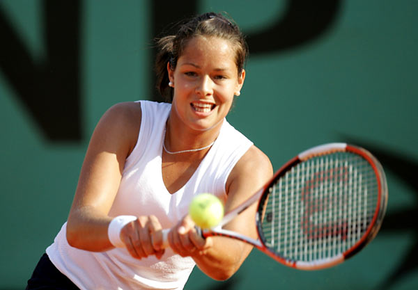 Ana Ivanovic of Sebia & Montenegro in action during her third round match against Amelie Mouresmo of France during the sixth day of the French Open at Roland Garros on May 28, 2005 in Paris