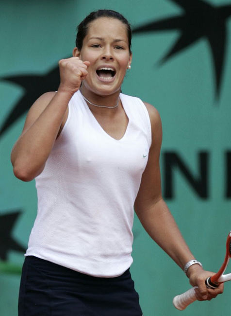 Ana Ivanovic reacts as she defeats Italy's Francesca Schiavone during their fourth round match of the French Open tennis tournament at the Roland Garros stadium, Monday May 30, 2005 in Paris.