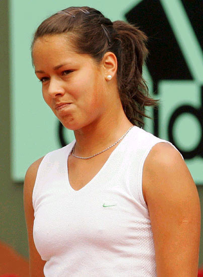 Ana Ivanovic of Serbia & Montenegro in action during her Quarter Final match against Nadia Petrova of Russia during the ninth day of the French Open at Roland Garros on May 31, 2005 in Paris