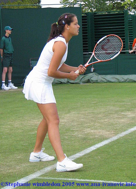 Ana Ivanovic  in action against Vera Douchevina of Russia during the second day of the Wimbledon Lawn Tennis Championship on June 21, 2005 at the All England Lawn Tennis and Croquet Club in London. Ana won 6:4  6:3.