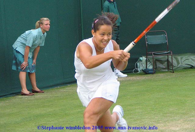 Ana Ivanovic  in action against Vera Douchevina of Russia during the second day of the Wimbledon Lawn Tennis Championship on June 21, 2005 at the All England Lawn Tennis and Croquet Club in London. Ana won 6:4  6:3.