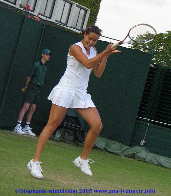 Ana Ivanovic  in action against Vera Douchevina of Russia during the second day of the Wimbledon Lawn Tennis Championship on June 21, 2005 at the All England Lawn Tennis and Croquet Club in London. Ana won 6:4  6:3.