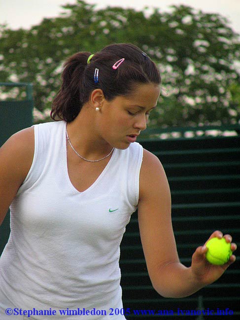 Ana Ivanovic  in the service during the first round match against Vera Douchevina of Russia in the Wimbledon Lawn Tennis Championship on June 21, 2005 at the All England Lawn Tennis and Croquet Club in London. Ana won 6:4  6:3.