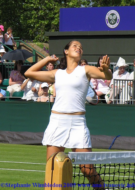 Ana Ivanovic  in action during  the first round match in doubles against Flavia Pennetta and Francesca Schiavone   from Italy on June 22, 2005 at the All England Lawn Tennis and Croquet Club in London. Ana  and  Tina Krizan won 6:2 6:4 .