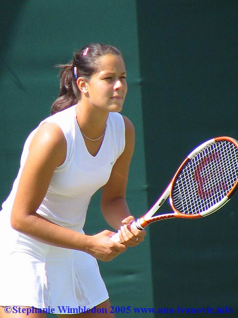 Ana Ivanovic  in action during  the first round match in doubles against Flavia Pennetta and Francesca Schiavone   from Italy on June 22, 2005 at the All England Lawn Tennis and Croquet Club in London. Ana  and  Tina Krizan won 6:2 6:4 .