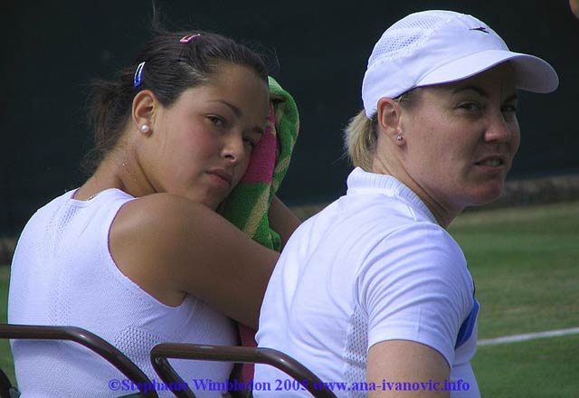 Ana Ivanovic  and  Tina Krizan in the first round match in doubles against Flavia Pennetta and Francesca Schiavone   from Italy on June 22, 2005 at the All England Lawn Tennis and Croquet Club in London.