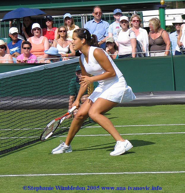 Ana Ivanovic  in action during  the first round match in doubles against Flavia Pennetta and Francesca Schiavone   from Italy on June 22, 2005 at the All England Lawn Tennis and Croquet Club in London. Ana  and  Tina Krizan won 6:2 6:4 .