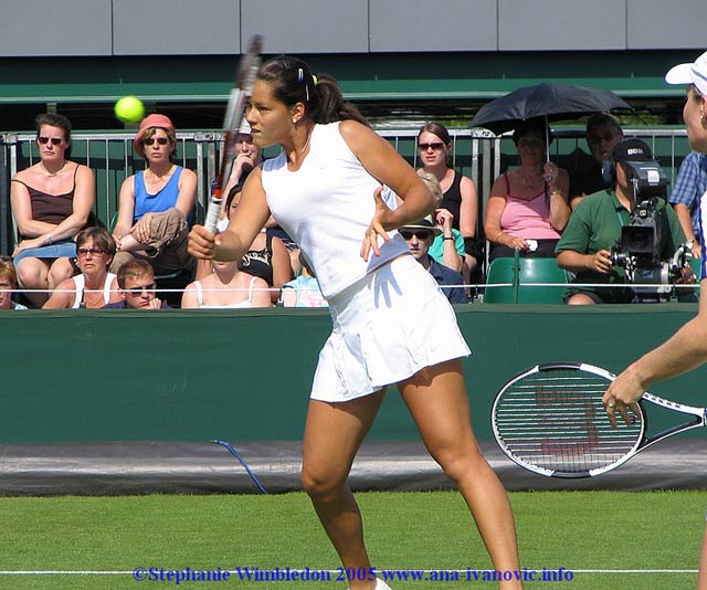 Ana Ivanovic  in action during  the first round match in doubles against Flavia Pennetta and Francesca Schiavone   from Italy on June 22, 2005 at the All England Lawn Tennis and Croquet Club in London. Ana  and  Tina Krizan won 6:2 6:4 .