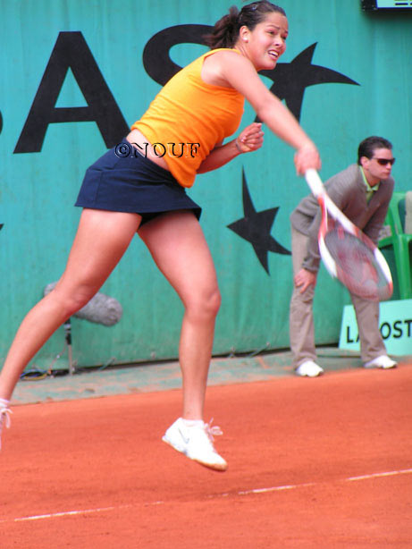 Ana Ivanovic on the service during their first round  match against French Stephanie Foretz  at Roland Garros, 24 May 2005 in Paris. Ivanovic won 6-3, 6-3.