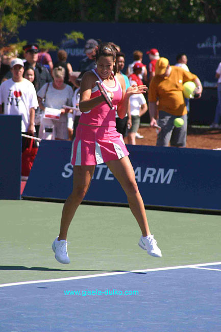 Ana Ivanovic of Serbia plays a forhand against Tathiana Garbin of Italy in the first round at the Sony Ericsson WTA Tour Rogers Cup tennis tournament August 16, 2005 at the Rexall Centre in Toronto, Canada