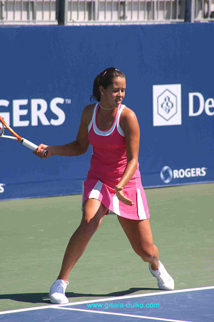 Ana Ivanovic of Serbia plays a forhand against Tathiana Garbin of Italy in the first round at the Sony Ericsson WTA Tour Rogers Cup tennis tournament August 16, 2005 at the Rexall Centre in Toronto, Canada