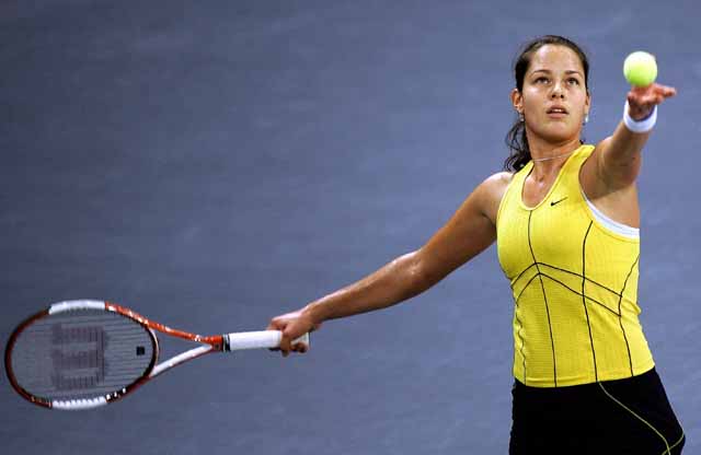 Ana Ivanovic serves to Patty Schnyder of Switzerland during their semi-final tennis match at the Zurich Open WTA tennis tournament in Zurich, October 22, 2005