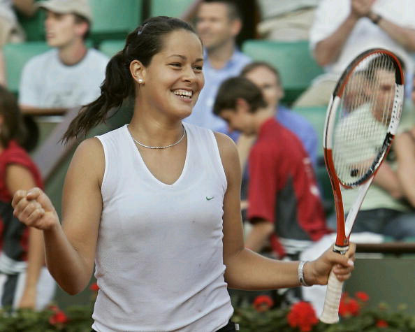 Ana Ivanovic of Serbia jubilates at the end of their third round match of the tennis French Open at Roland Garros against Amelie Mauresmo of France, 28 May 2005 in Paris. Ivanovic won 6-4, 3-6, 6-4.