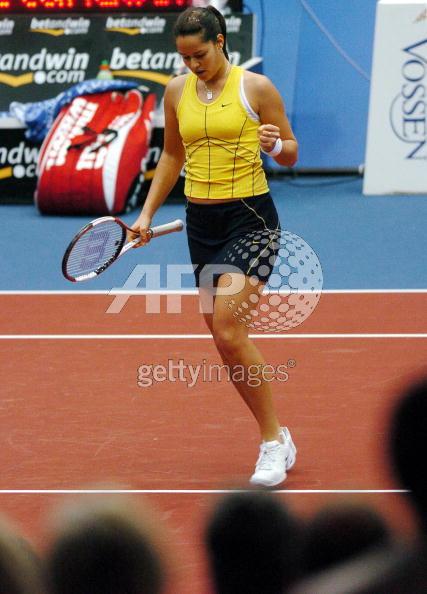 Ana Ivanovic celebrates her win over France's Tatiana Golovin during their Linz Open quarter-final tennis match in Linz, Austria, October 28, 2005. Ivanovic won the match 7-5, 6-3.