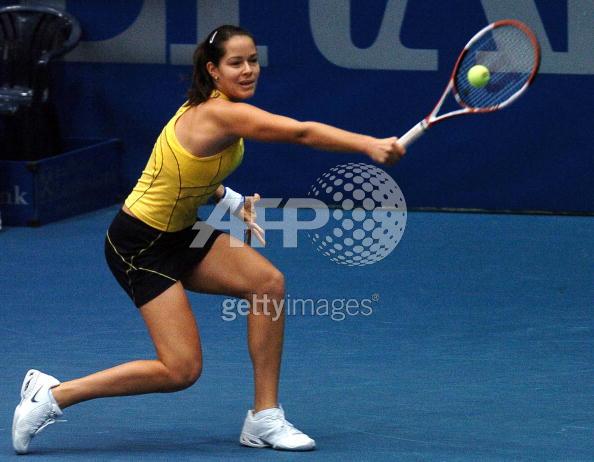 Ana Ivanovic returns the ball to Patty Schnyder from Switzerland in their semifinal match at the WTA Generali Ladies tennis tournament in Linz, Austria, on Saturday, Oct. 29, 2005. 