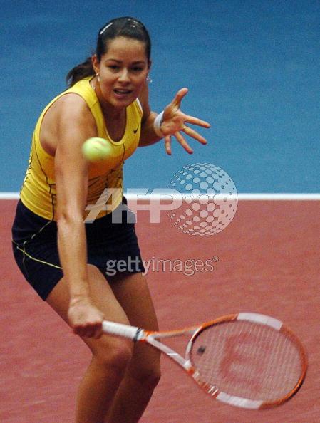 Ana Ivanovic returns the ball to Patty Schnyder from Switzerland in their semifinal match at the WTA Generali Ladies tennis tournament in Linz, Austria, on Saturday, Oct. 29, 2005. 