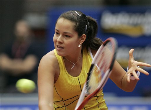 Ana Ivanovic returns the ball to Patty Schnyder from Switzerland in their semifinal match at the WTA Generali Ladies tennis tournament in Linz, Austria, on Saturday, Oct. 29, 2005. 