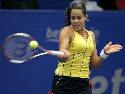 Ana Ivanovic returns the ball to Patty Schnyder from Switzerland in their semifinal match at the WTA Generali Ladies tennis tournament in Linz, Austria, on Saturday, Oct. 29, 2005. 