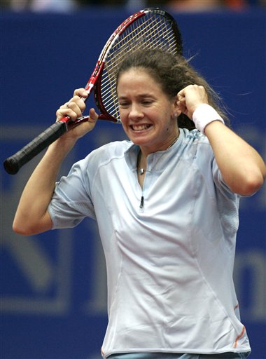 Patty Schnyder from Switzerland reacts at her 7-5, 6-2 victory in their semifinal match against Ana Ivanovic at the WTA tennis tournament in Linz, Austria on Saturday, Oct. 29, 2005. 