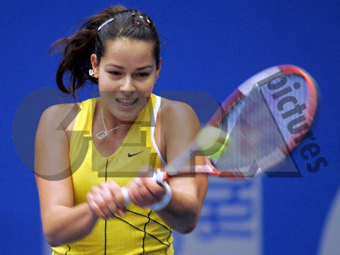 Ana Ivanovic returns the ball to Patty Schnyder from Switzerland in their semifinal match at the WTA Generali Ladies tennis tournament in Linz, Austria, on Saturday, Oct. 29, 2005