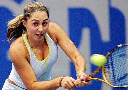 Tamira Paszek of Austria during their Linz Open second round tennis match in Linz October 27, 2005. Ivanovic won 7-5 6-1.