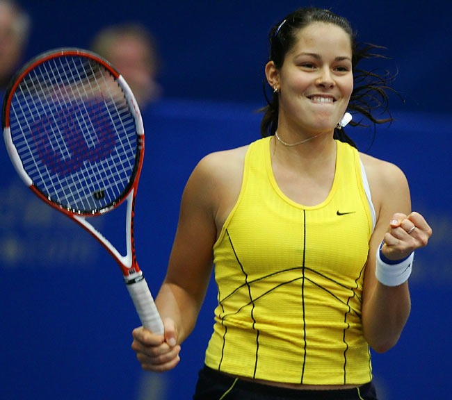 Ana Ivanovic celebrates her win over France's Tatiana Golovin during their Linz Open quarter-final tennis match in Linz, Austria, October 28, 2005. Ivanovic won the match 7-5, 6-3.