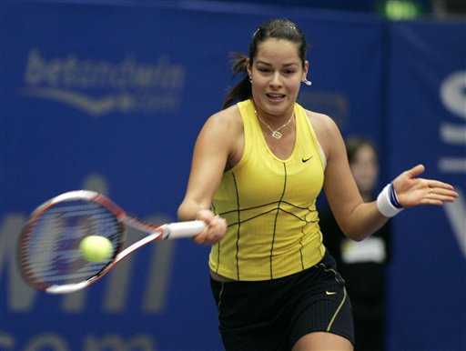 Ana Ivanovic returns the ball to Tatiana Golovin from France in their quarterfinal match at the WTA tennis tournament in Linz, Austria on Friday, Oct. 28, 2005. Ivanovic won the match 7-5, 6-3.