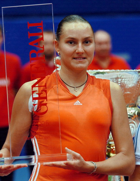 Nadia Petrova from Russia celebrates with the trophy after her 4-6, 6-3, 6-1 victory against Patty Schnyder from Switzerland to win the WTA Generali Ladies tennis tournament in Linz Austria on Sunday, Oct. 30, 2005. 